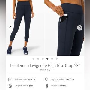 187-$40 *FREE SHIPPING* Lululemon Invigorate High-Rise Crop 23" True Navy Sz 16